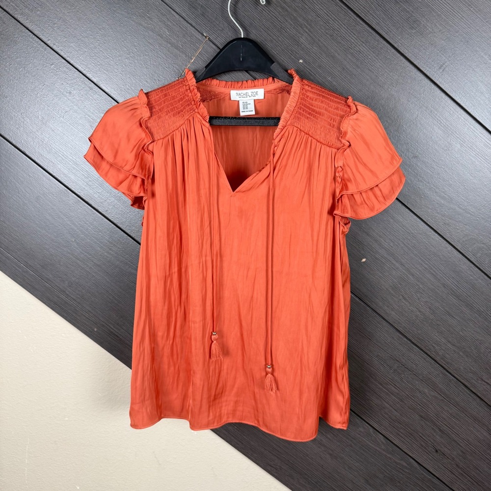 Rachel Zoe Women's XS Rust Orange Satin Blouse Smocked Ruffle Flutter Sleeve